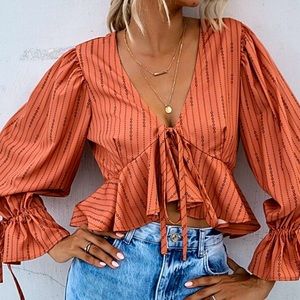Tie Front Ruffle Hem Striped Top
